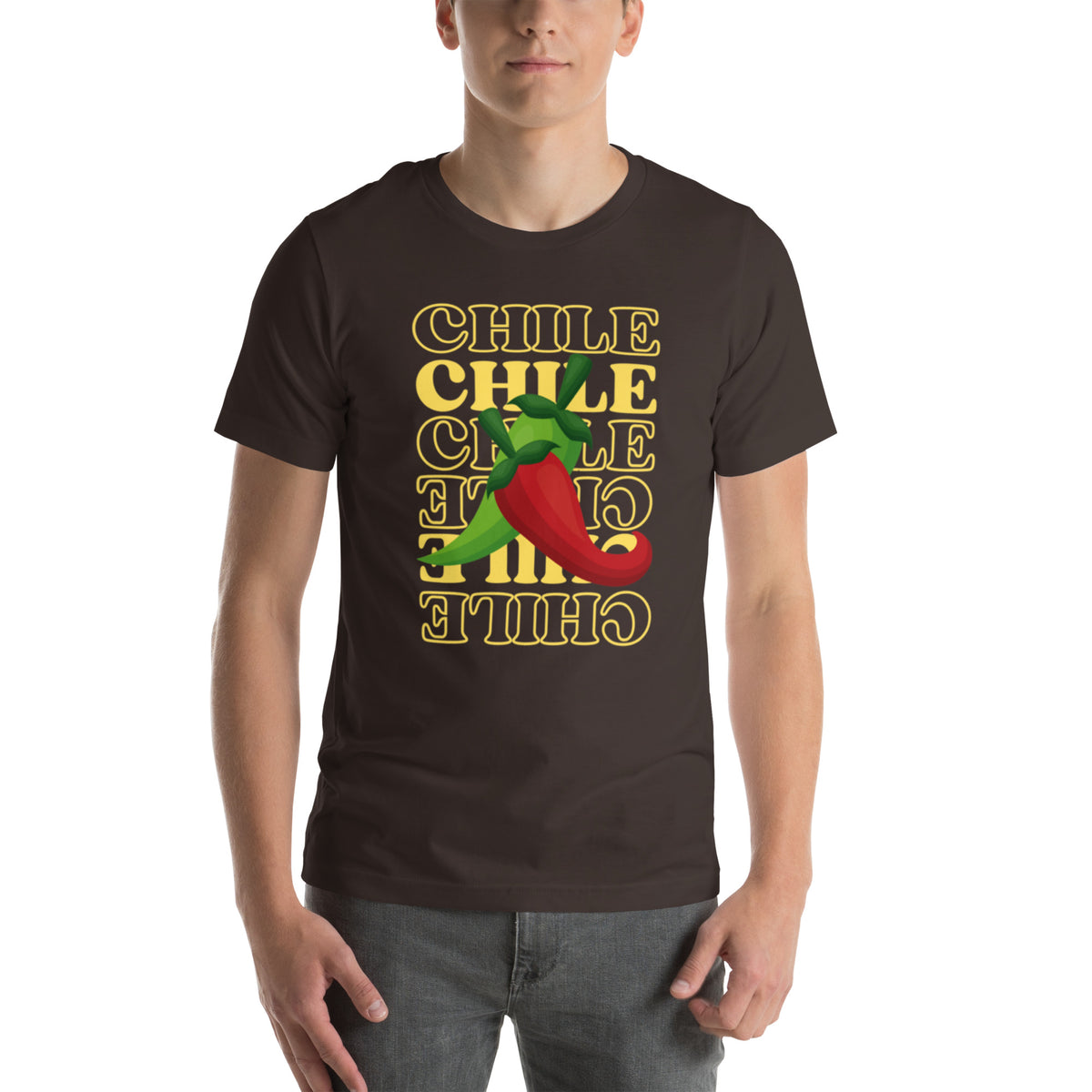 Red & Green Shirt — unisex t-shirt in brown, front view