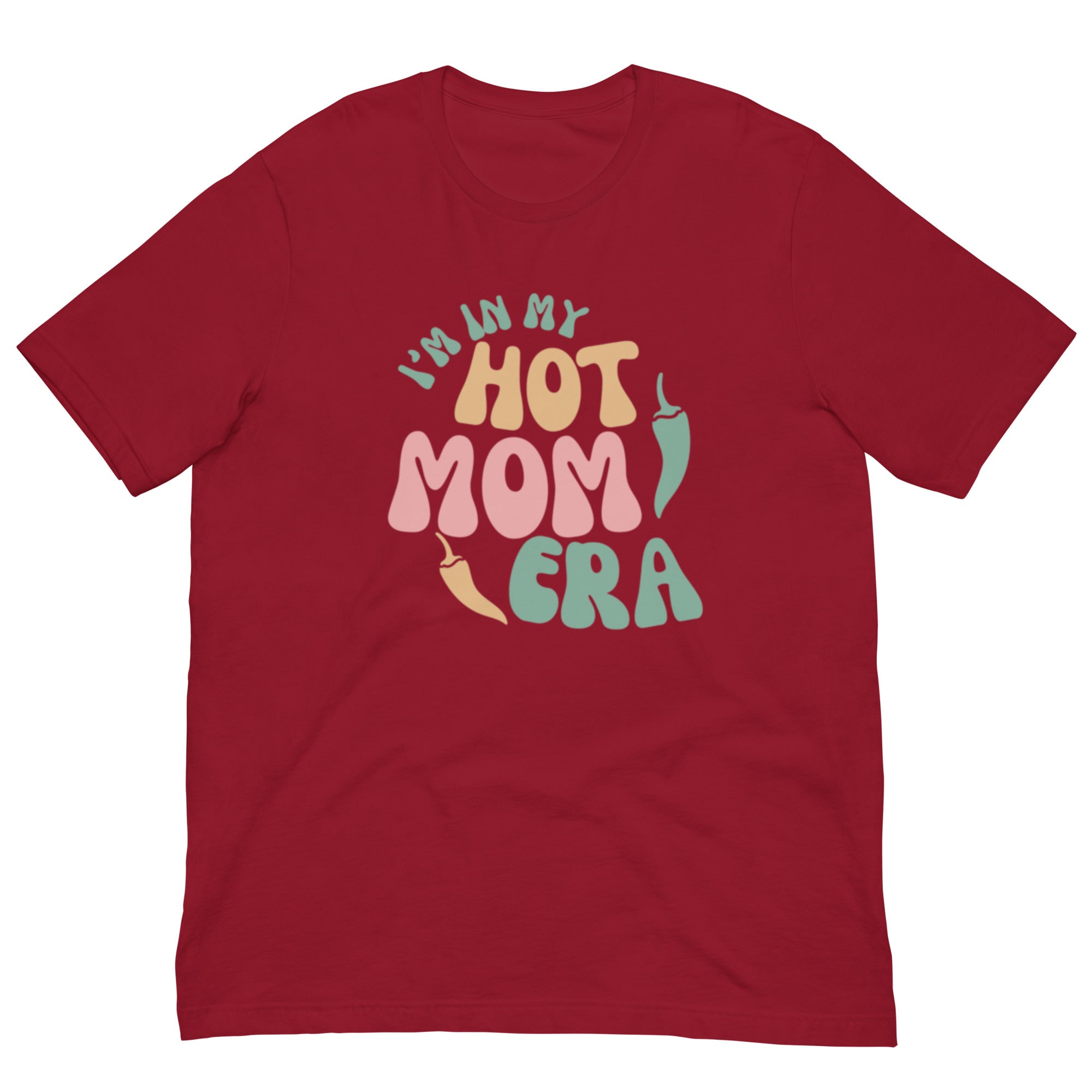 A red breathable Era Shirt with the phrase "in my hot mom era" printed in colorful, playful letters on the front.