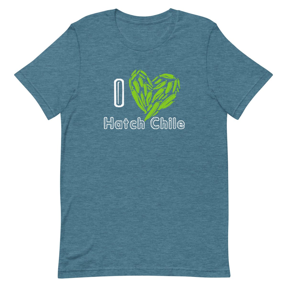 I Love Hatch Chile Shirt — unisex t-shirt in heather deep teal, front view