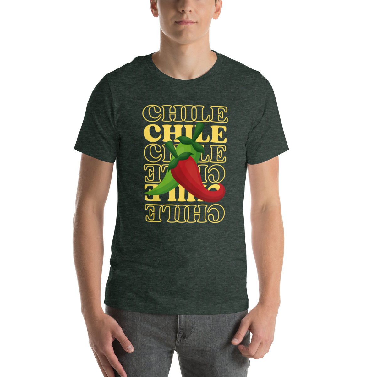 Red & Green Shirt — unisex t-shirt in heather forest, front view