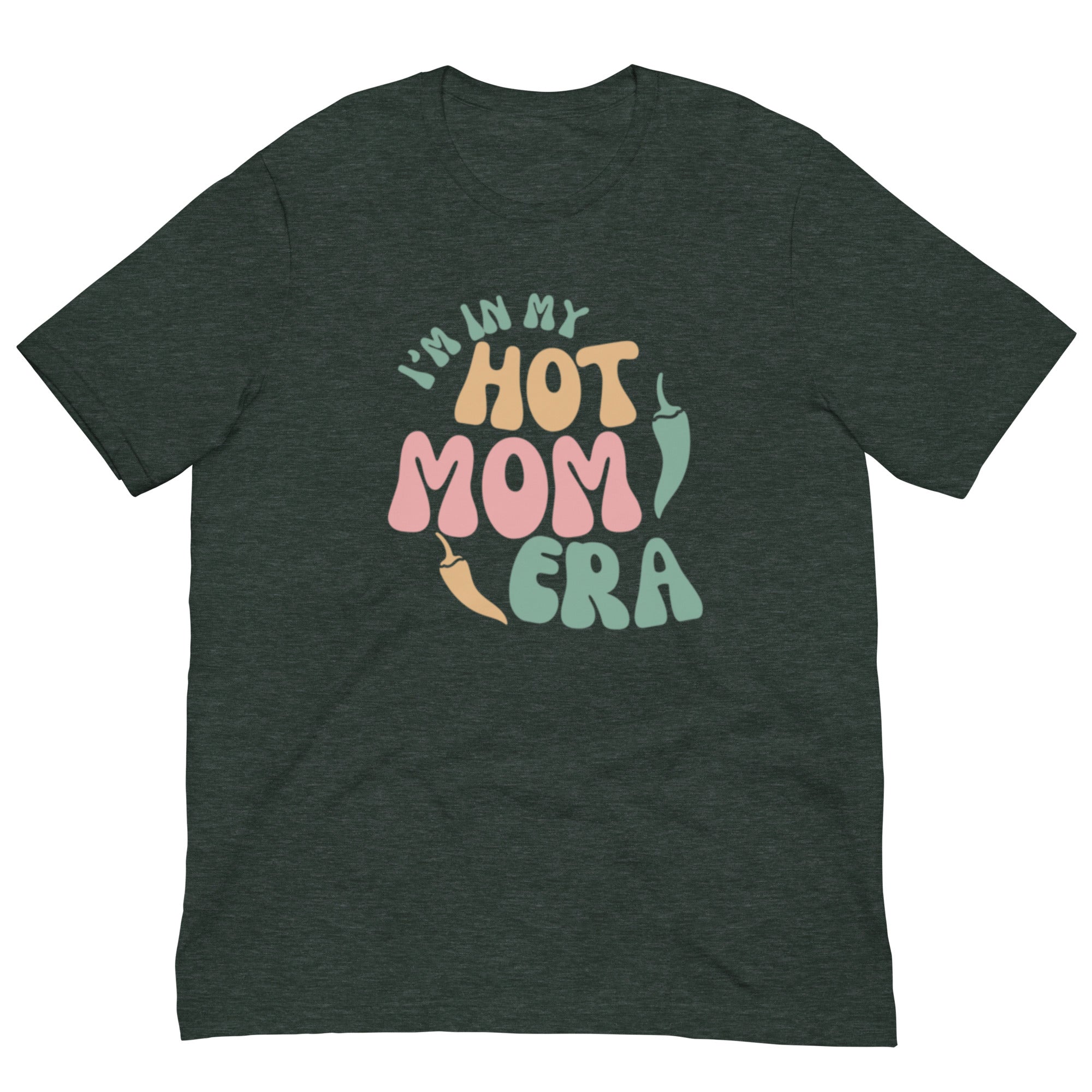A dark gray, breathable Era Shirt with the phrase "i'm in my hot mom era" printed in colorful, playful lettering across the chest.