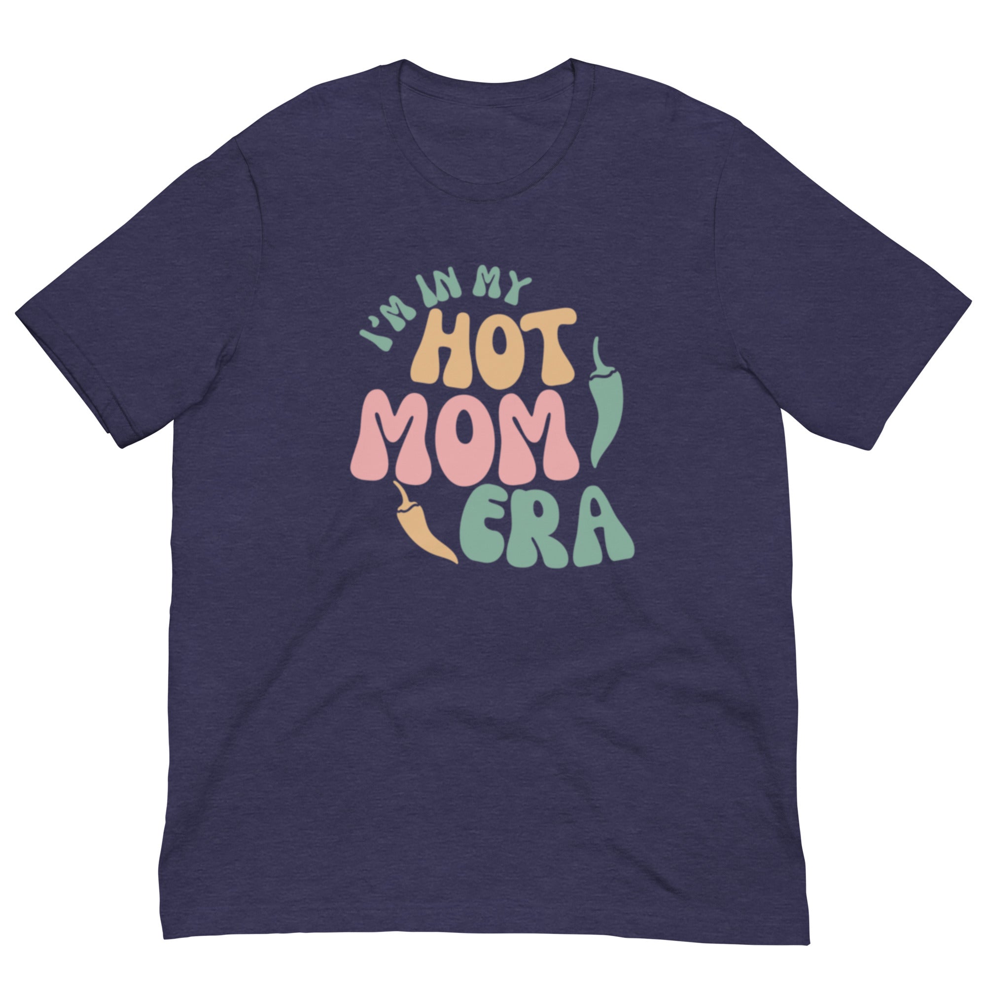 A navy blue breathable Era Shirt featuring colorful, playful text that reads "in my hot mom era" with the design incorporating leaf motifs and a wavy pattern.