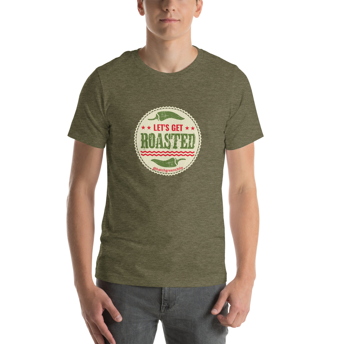 Get Roasted T-Shirt — unisex t-shirt in heather olive, front view