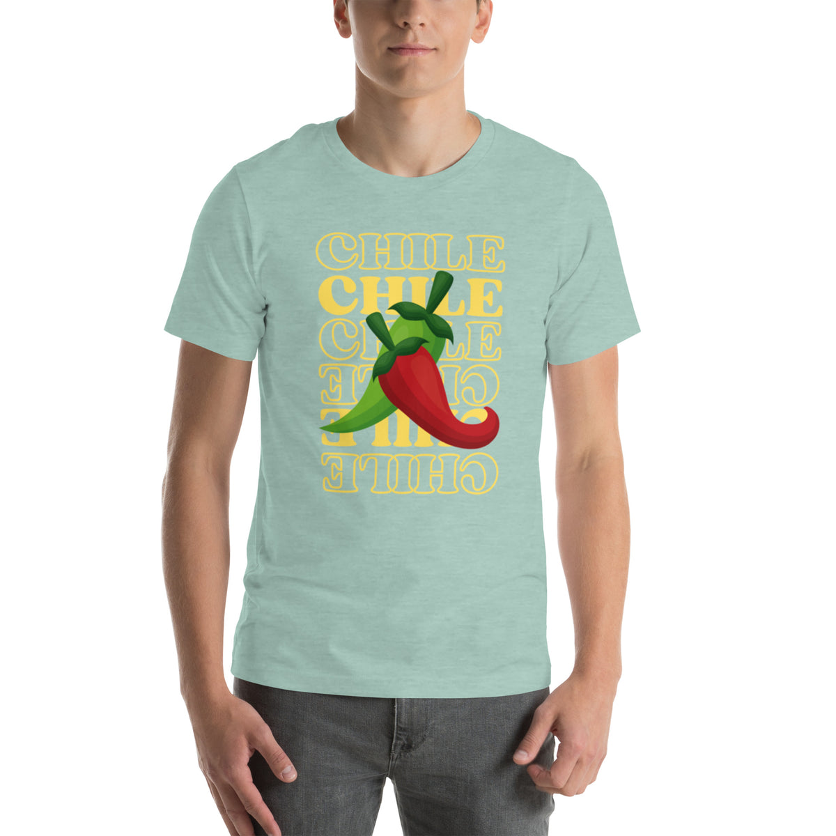 Red & Green Shirt — unisex t-shirt in heather prism dusty blue, front view