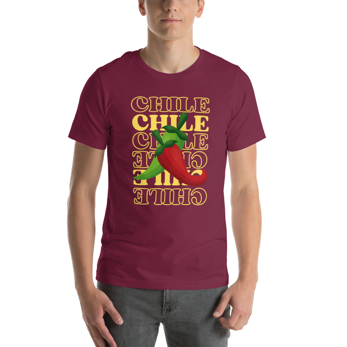 Red & Green Shirt — unisex t-shirt in maroon, front view