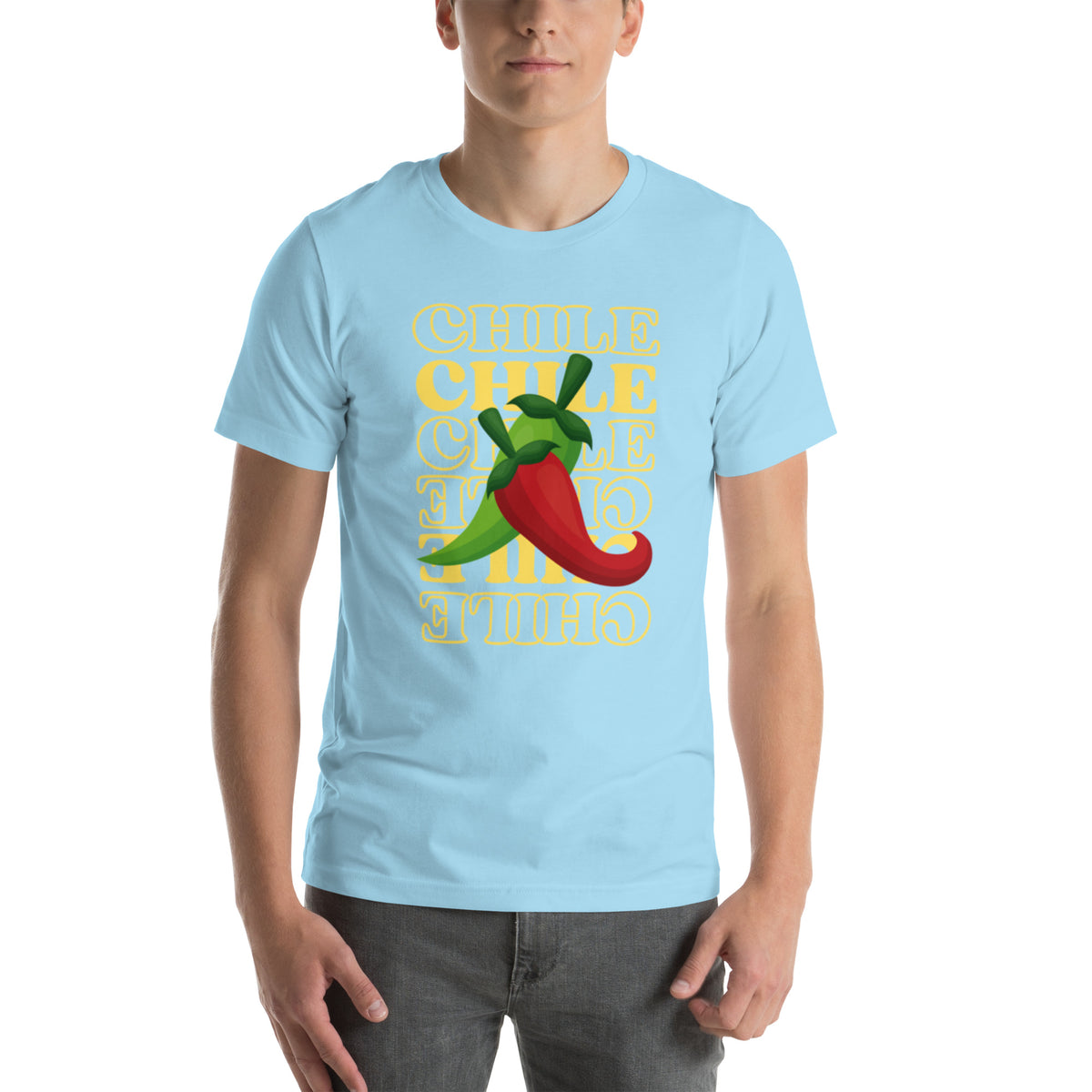 Red & Green Shirt — unisex t-shirt in ocean blue, front view