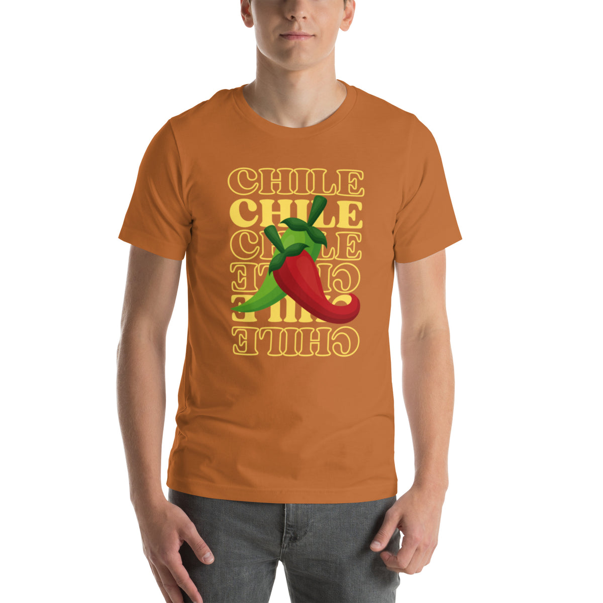 Red & Green Shirt — unisex t-shirt in toast, front view