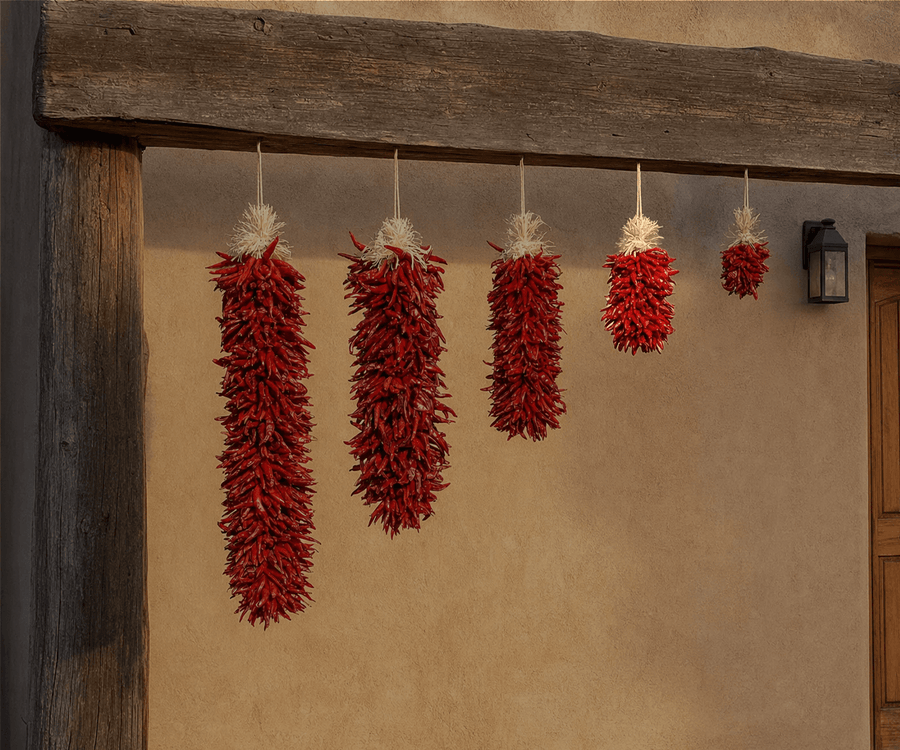 Dried red chile pequin ristras in graduated lengths on an adobe wall, smaller size featured
