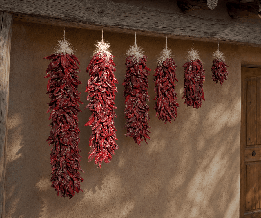 Dried red chile ristras in graduated lengths on adobe wall, second-largest highlighted