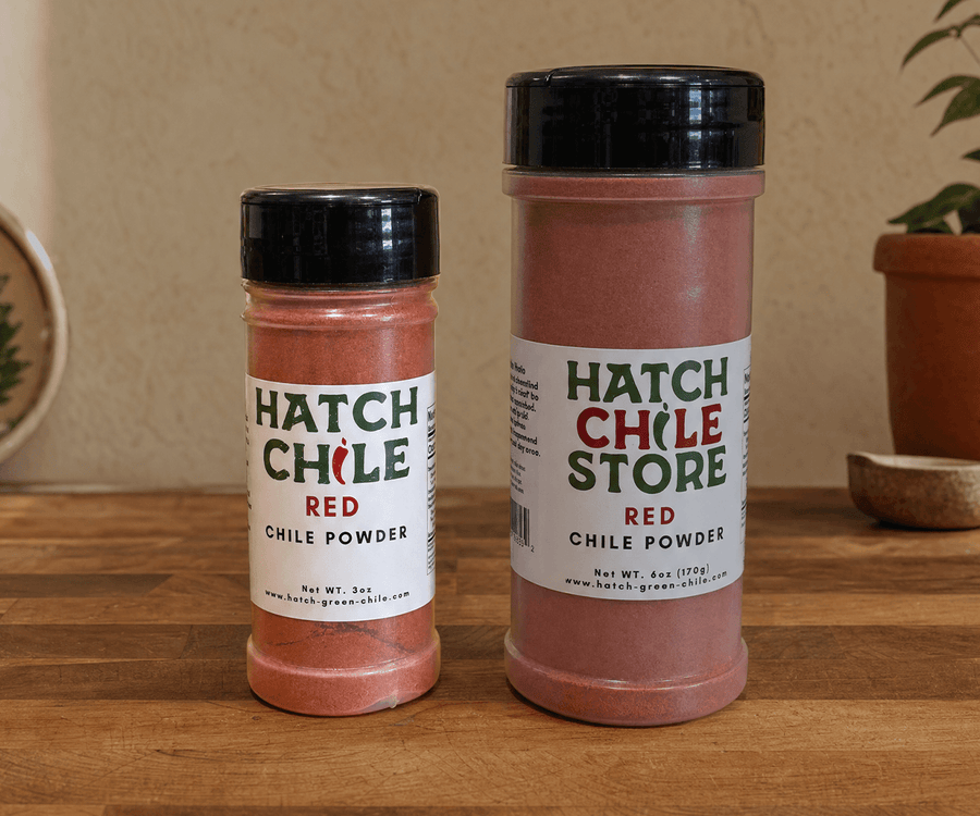 Hatch Chile Store red chile powder in 3 oz and 6 oz shaker jars