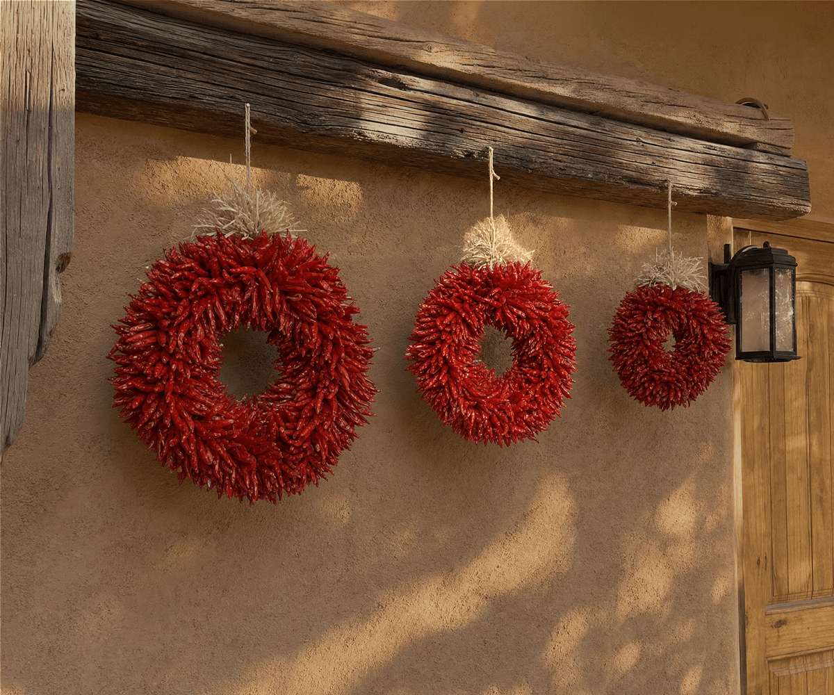 Three dried red chile pequin wreaths in descending sizes hung on an adobe wall