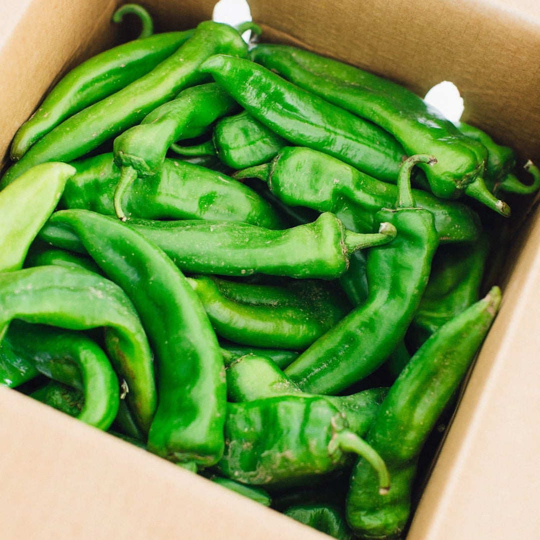 A box filled with fresh Hatch Green chile peppers. The peppers vary slightly in shape and size, showcasing natural textures and curves.