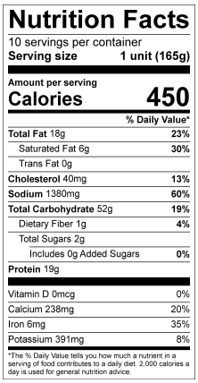 Nutrition facts label showing details for one serving of Hatch Green Chile Beef & Cheese Chimichangas. Includes servings per container, calories, fat content, cholesterol, sodium, carbs, sugars, protein