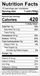 Nutrition facts label for Hatch green chile chicken and cheese chimichangas