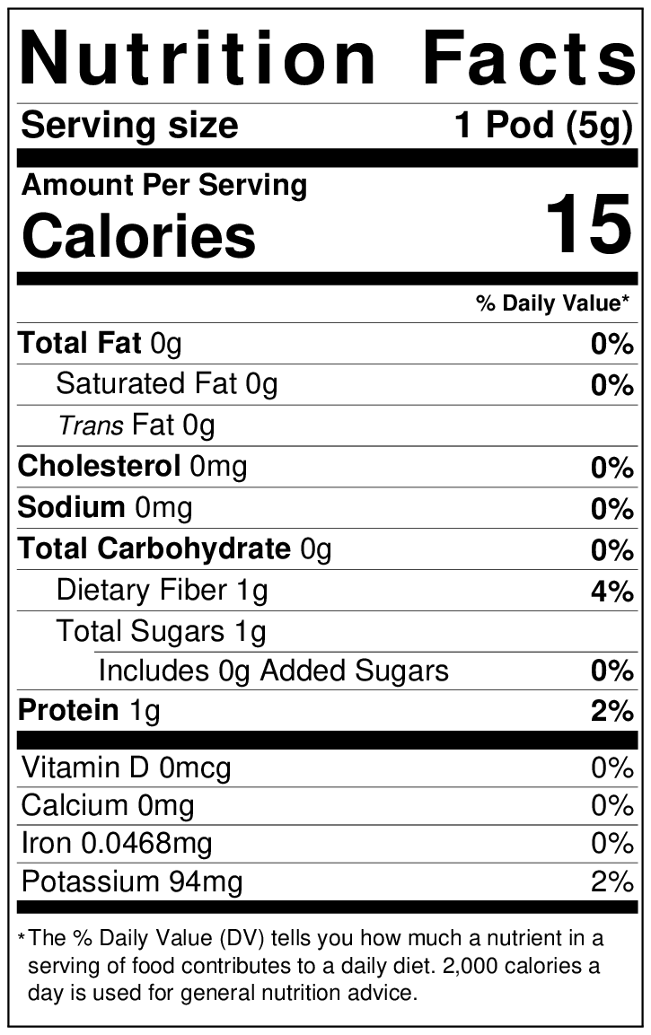 Nutrition facts label showing details for a serving size of one Chile Pequin Wreaths pod, weighing 59 grams, with 15 calories, 0 grams of total fat, cholesterol, and sodium.