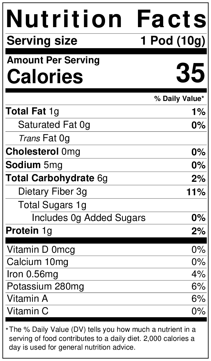 Nutrition facts label showing serving size and nutritional content for one serving of Dried Hatch Red Chile Pods, including calories, fats, cholesterol, sodium, carbohydrates, fiber, sugars, protein, and various vitamins