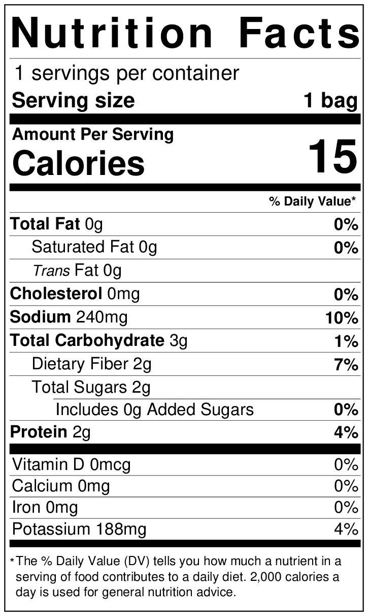 Nutrition label displaying facts for a Freeze Dried Chopped Hatch Green Chile product with a serving size of 1 bag. It lists 15 calories per serving, with 0g total fat and 3