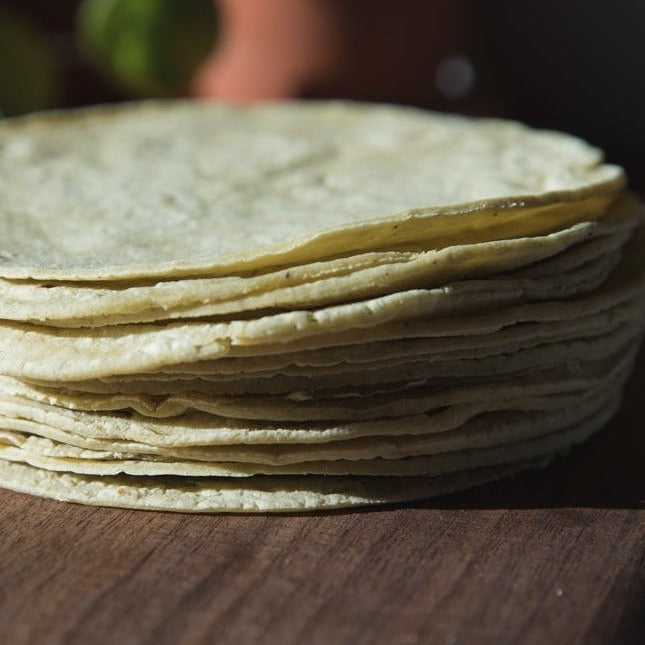 A stack of freshly made Green Chile Corn Tortillas on a wooden surface, highlighted by natural sunlight.