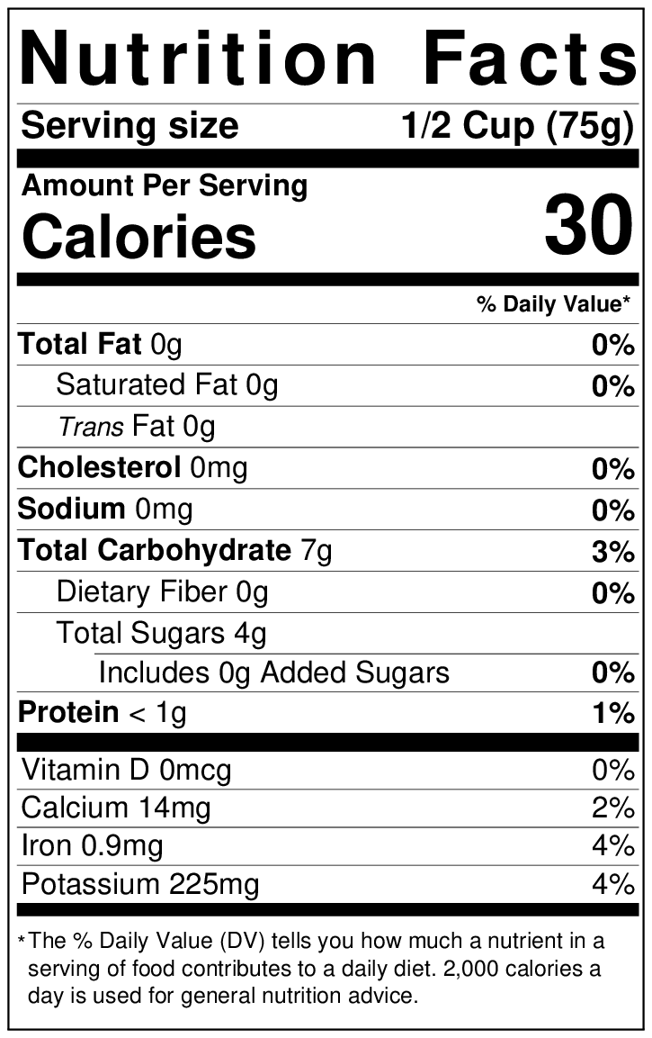 A nutrition facts label on fresh Hatch Green Chile shows the serving size as 1/2 cup, with key details such as 30 calories per serving, 0% daily value of fat, and
