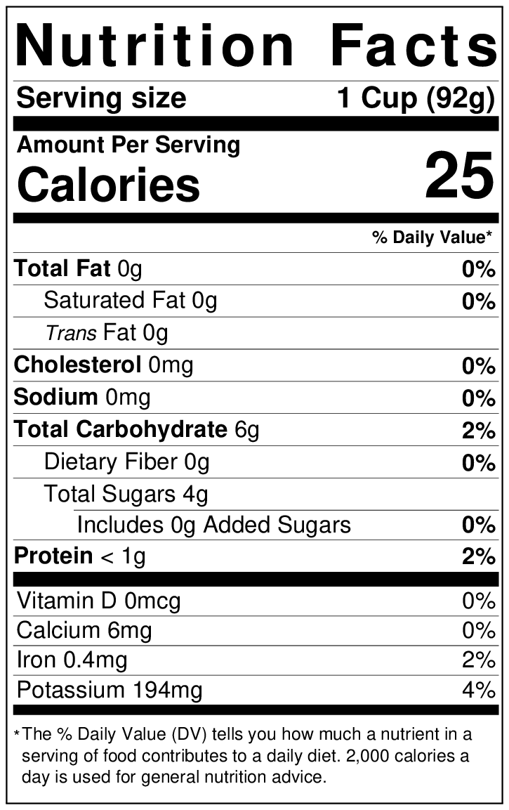 Nutrition label showing facts for a serving size of 1 cup (92g) with 25 calories per serving. It details fat, cholesterol, sodium, carbohydrates, and other nutrients from Fresh Hatch Red Chile.