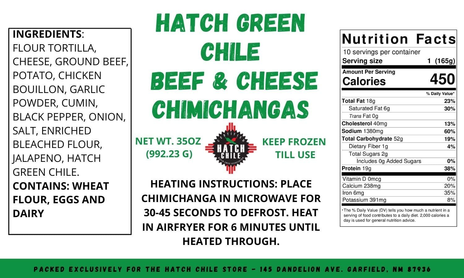 Label of Hatch Green Chile Beef & Cheese Chimichangas showing ingredients, nutrition facts, and cooking instructions, with a green and white color scheme and bold text.