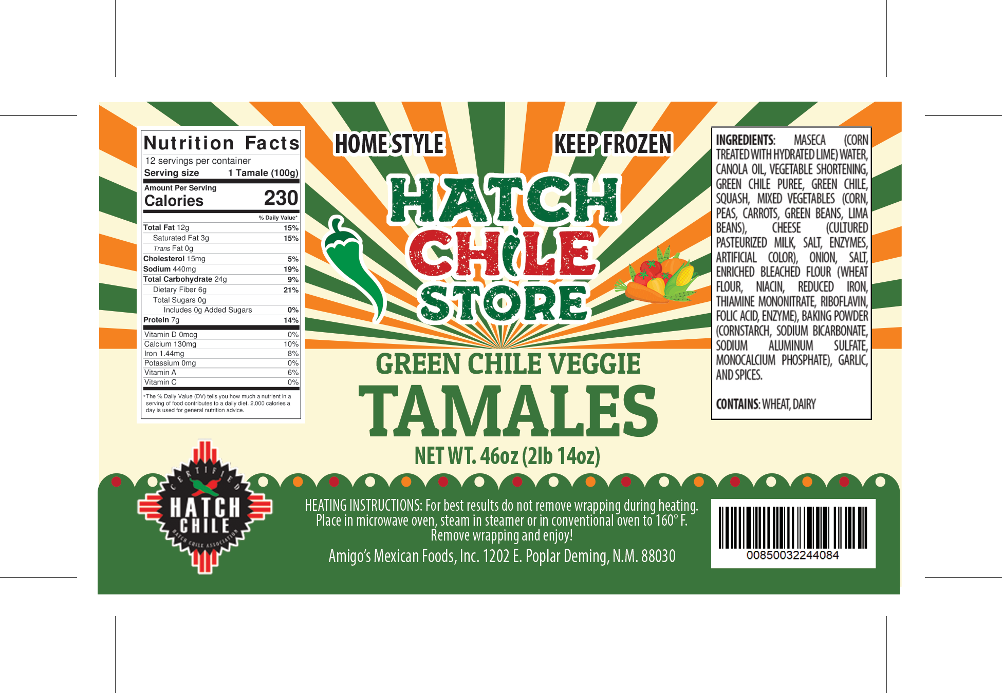 Packaging design for Hatch Green Chile Veggie Tamales, featuring nutritional information, preparation instructions, and a bold graphic pattern with green and orange colors.