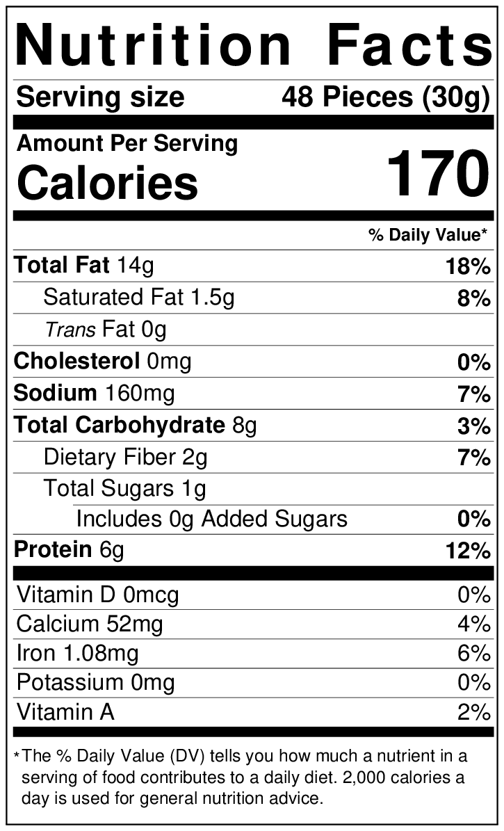 Sentence with product name: Nutrition facts label displaying serving size, calories, and nutritional values such as fats, cholesterol, sodium, carbohydrates, sugars, proteins, and vitamins for Green Chile Pistachios.