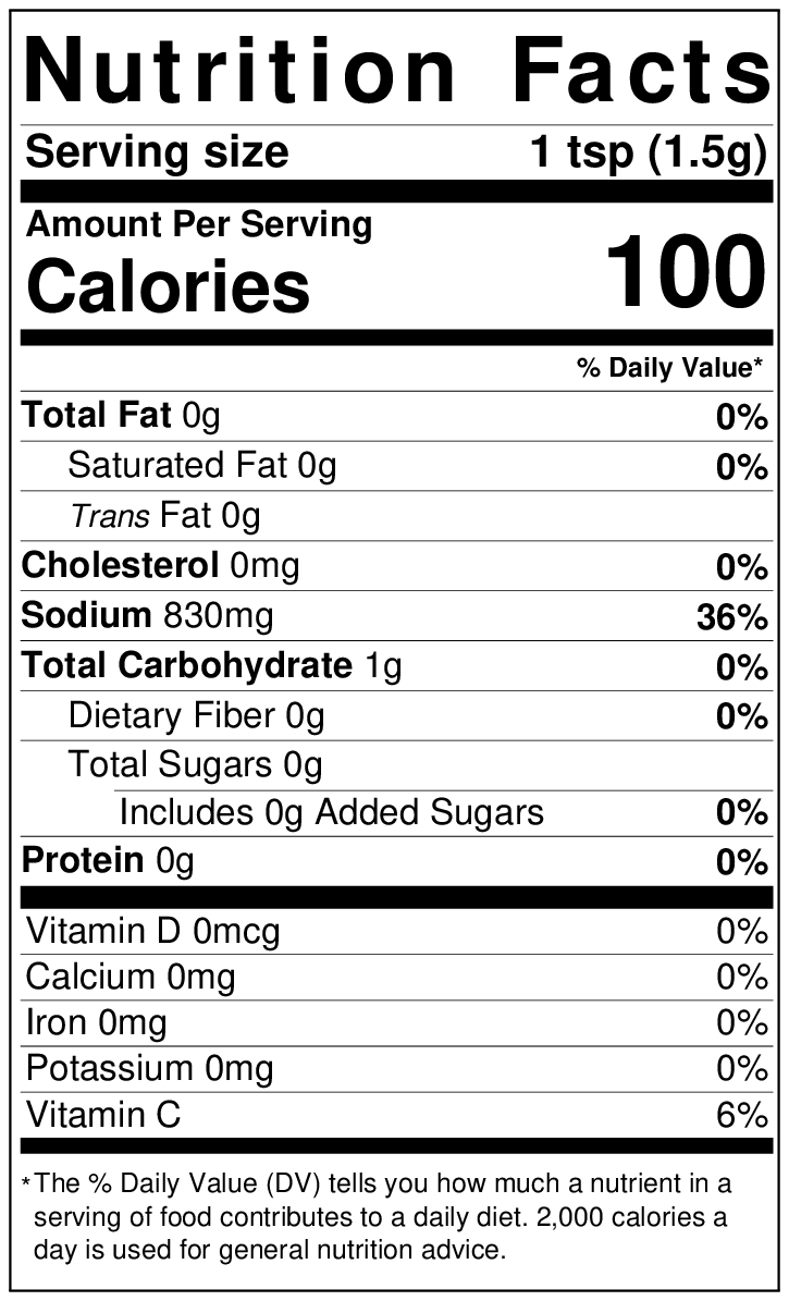 A "nutrition facts" label for Hatch Green Chile Spice showing serving size and various nutrients mostly at 0%, except for sodium at 36% daily value. It lists calories and other nutritional information for
