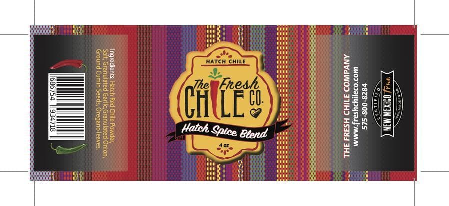 Label design for the fresh chile co. featuring a central logo with "Hatch Red Chile Spice Blend," colorful textile patterns, and green and red chilies imagery.
