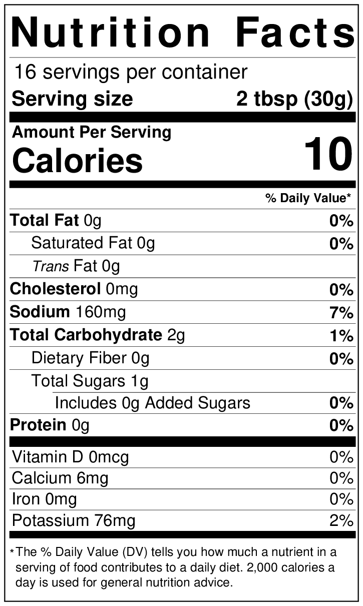 Nutrition facts label for Fresh Chile Co's Mama's Blended Hatch Chile Salsa indicating 16 servings per container with a serving size of 2 tablespoons (30g). It shows 10 calories per serving.