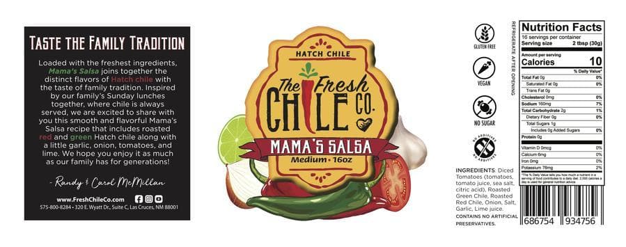 Label design for Mama's Blended Hatch Chile Salsa in a 16 oz jar, featuring Roasted Hatch Green Chile and a rustic style with a nutritional facts label.