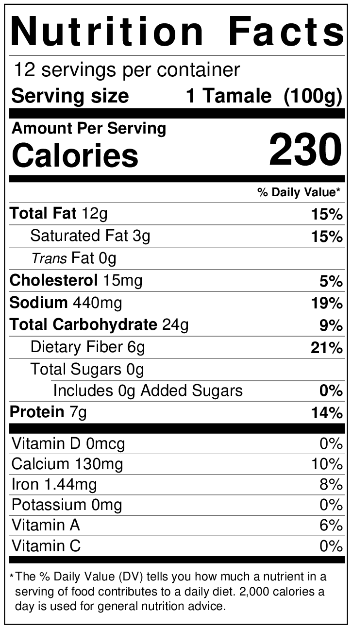 Nutritional facts of Hatch Green Chile Cheese Tamales - HGCS