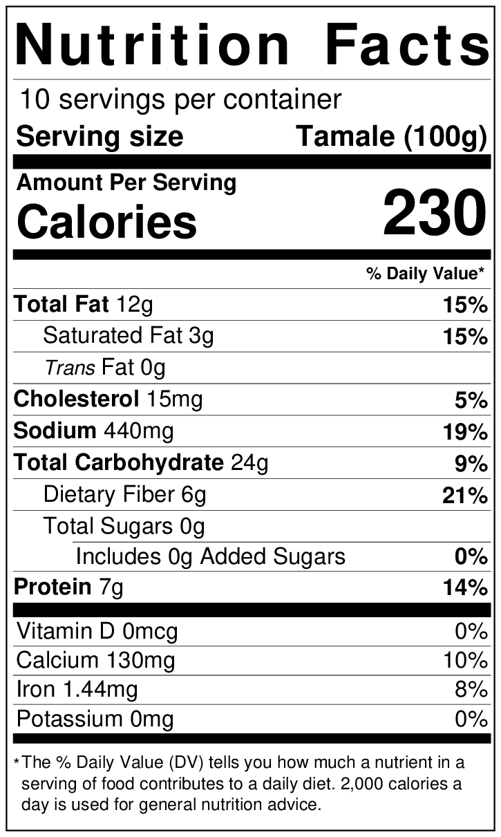 Nutrition facts label for Hatch Red Chile Pork Tamales showing servings per container, serving size, and details on calories, fats, cholesterol, sodium, carbohydrates, dietary fibers, sugars, protein