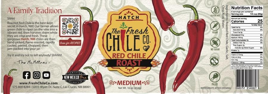 Label design for "the fresh chile co. Hatch Red Chile Roast" featuring vibrant red chilies, nutrition facts, and company branding with medium spice level indicated.