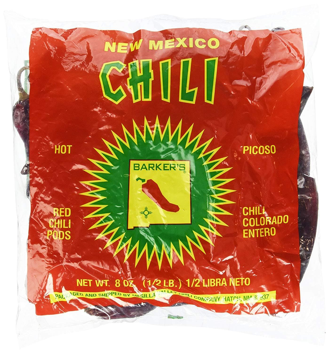 A vibrant package of Dried Hatch Red Chile Pods, featuring bold red and green colors with a graphic of a red chili pepper, noting it's a hot variety of Hatch Red Chile Pods.