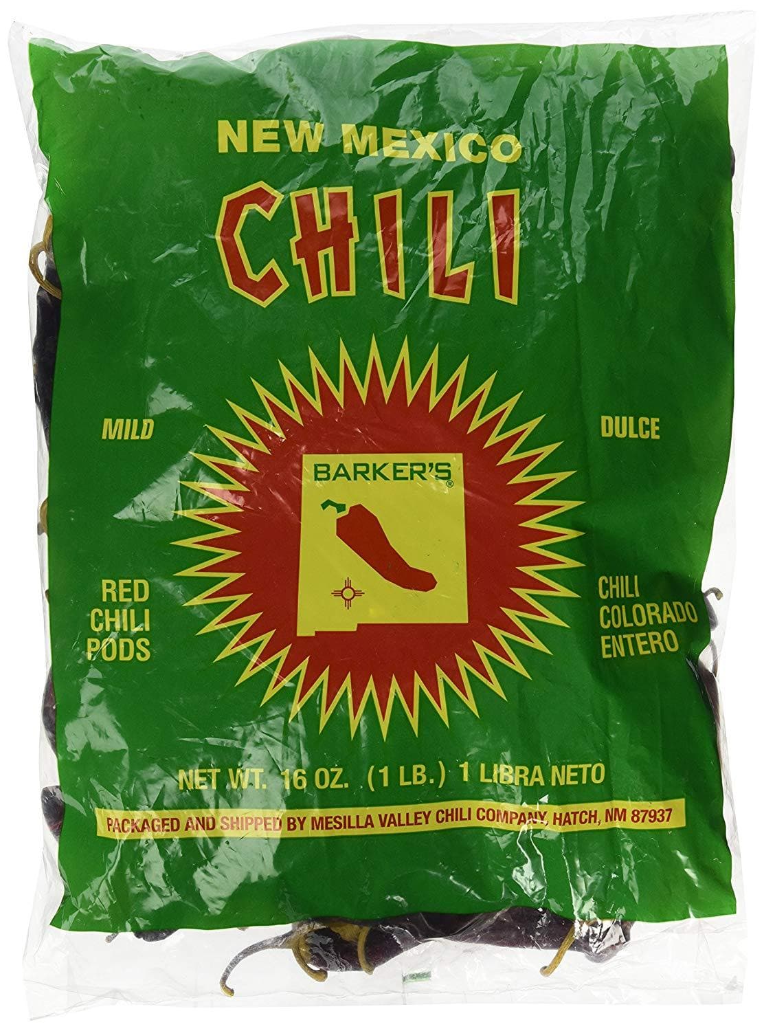 A bag of Dried Hatch Red Chile Pods featuring vibrant green packaging with bold red and yellow text, containing mild red chili pods. The packaging highlights its origin from Hatch Valley, New Mexico.