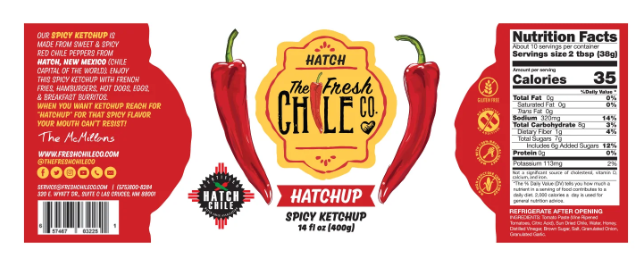 Three panels of a Hatchup - Spicy Hatch Red Chile Ketchup label. The left panel shows a red chili and product details, the middle says "the fresh chile co hatchup," and the right panel displays nutrition facts.