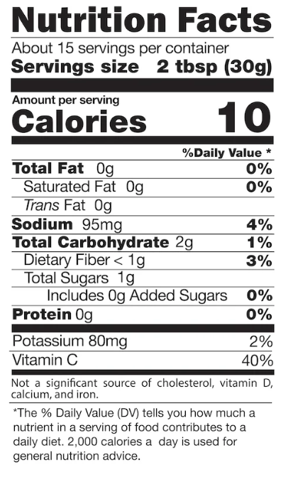Image of a nutrition facts label displaying serving information and nutritional content for Hatch Green Jalapeño Roast, including calories, fats, carbohydrates, and vitamins; serving size is 2 tablespoons (30g).