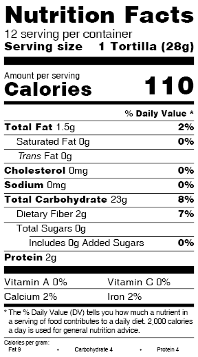 Nutrition facts label displaying details for 1 Green Chile Corn Tortilla, with a serving size of 28g and 110 calories per serving, listing fats, cholesterol, sodium, carbs.