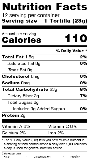 Nutrition facts label for green chile corn tortillas