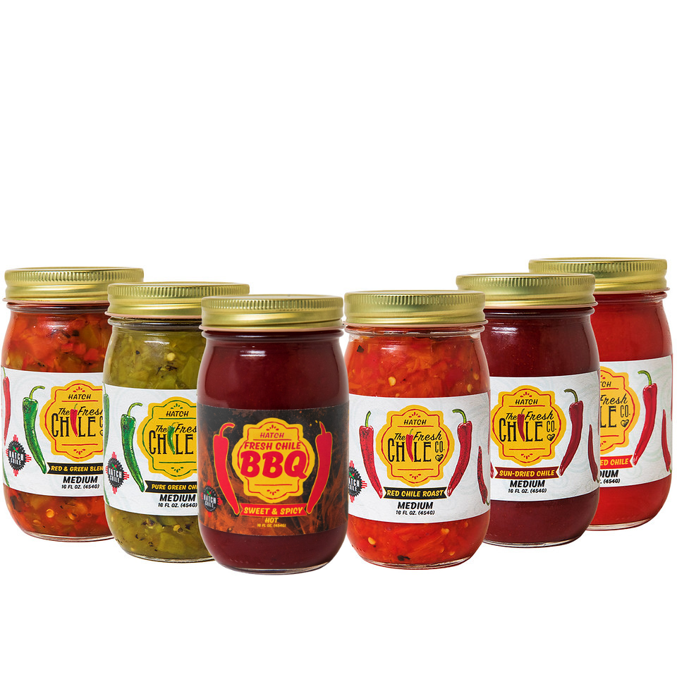 Five jars of Sauces & Roasts Sampler, labeled with "Hatch Chile Sauces" and "bbq", arranged in a row on a plain white background.
