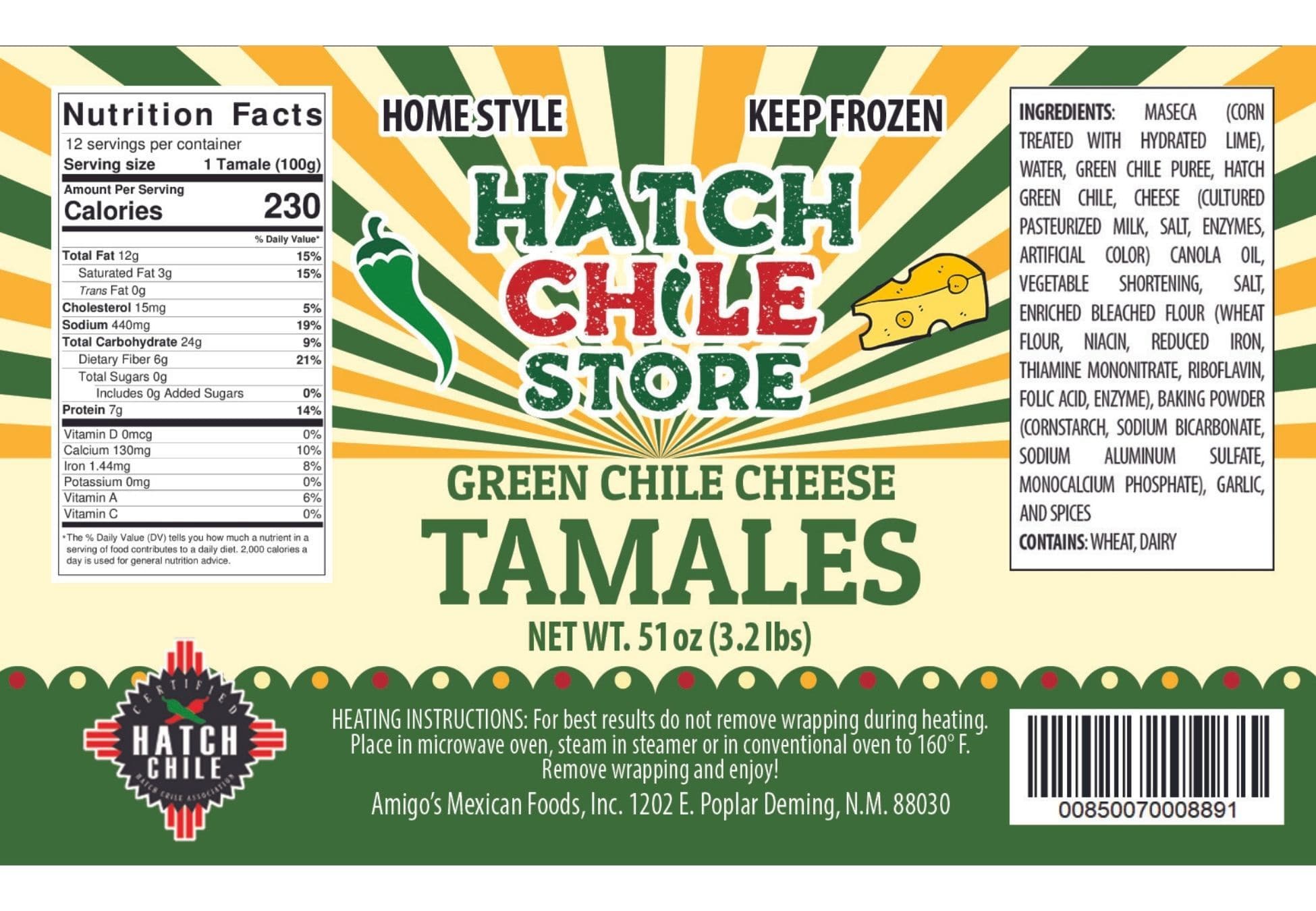 Packaging of Hatch Green Chile Cheese Tamales includes logos, nutrition facts, ingredients list, and heating instructions for the Hatch Green Chile Cheese Tamales.