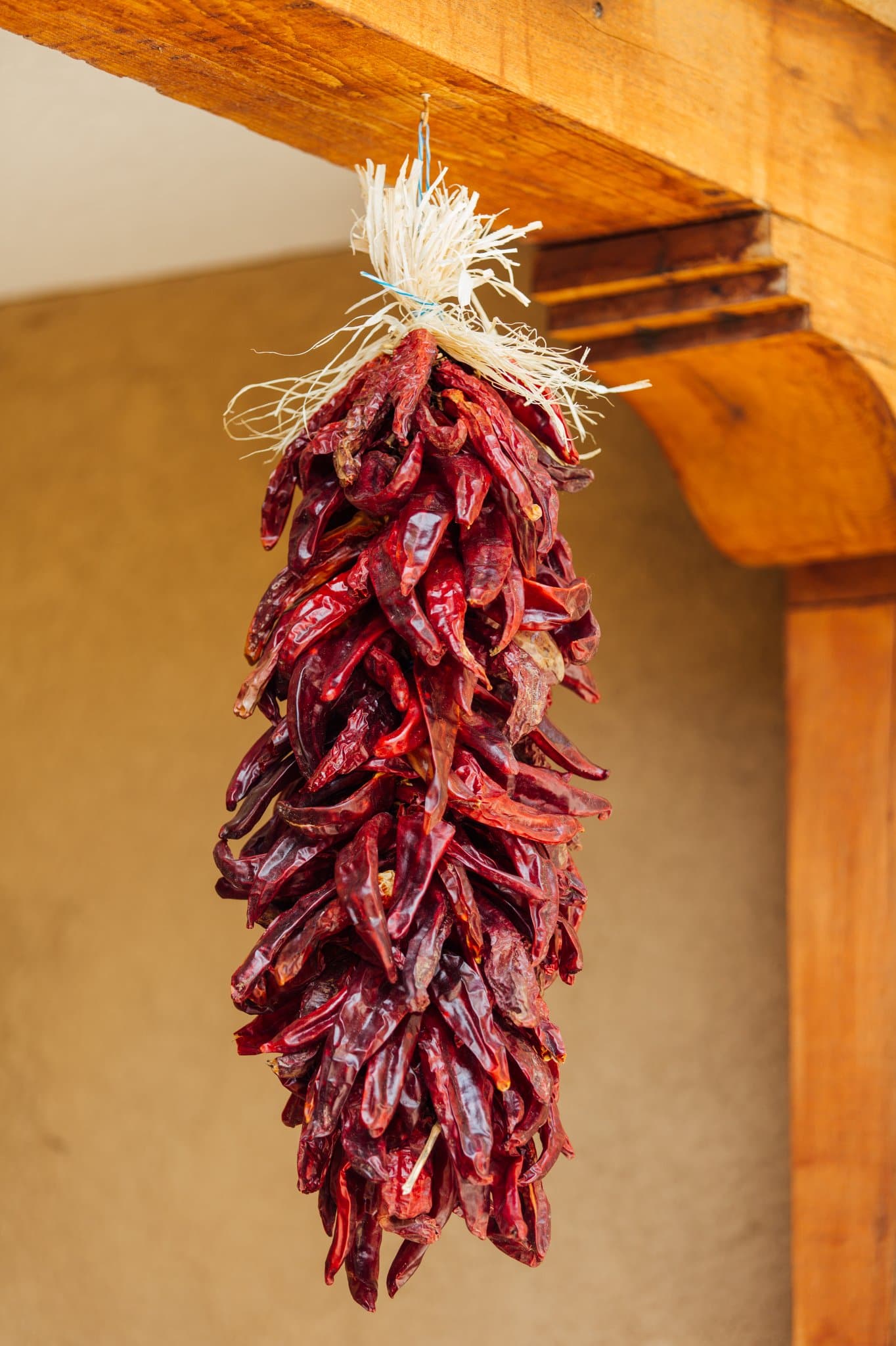 A hanging ristra of Traditional Sandia Ristras tied together with twine, displayed under a wooden beam.