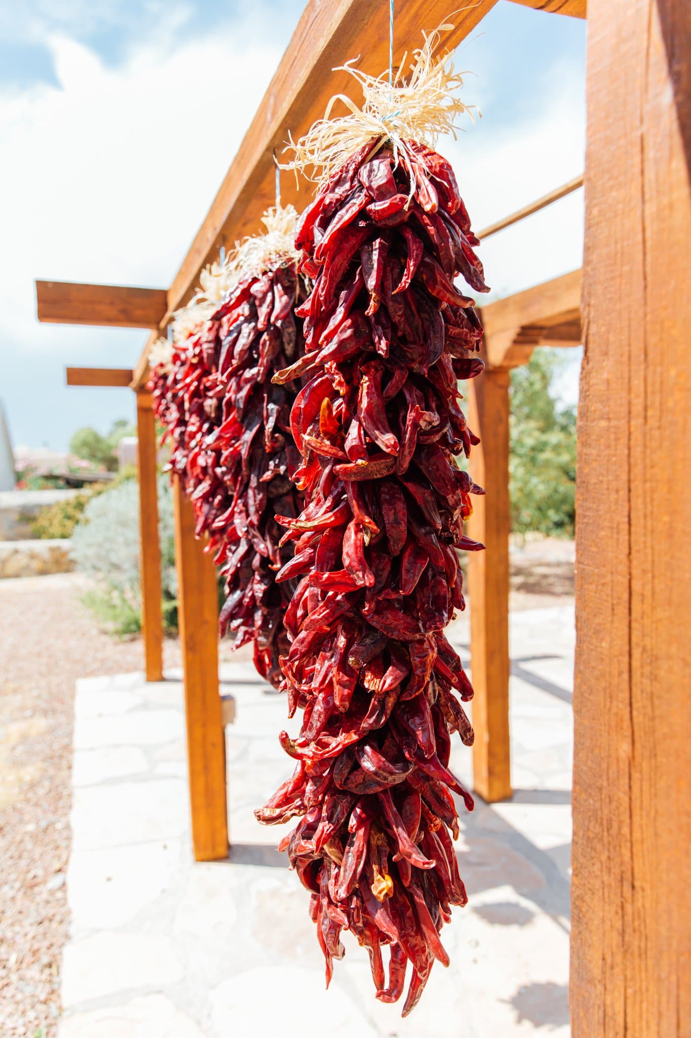 Traditional Sandia Ristras hanging from a wooden beam in an outdoor market, with a vibrant, sunny background.