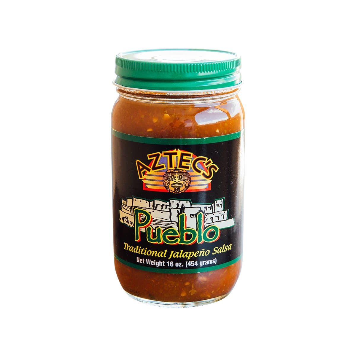 A jar of Aztec Pueblo Salsa against a white background, showing clear packaging and the label with a colorful design and text.