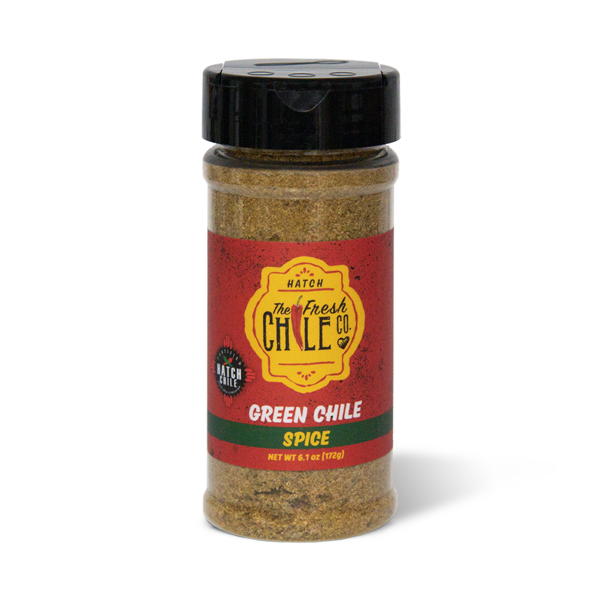 A clear shaker container of Hatch Green Chile Spice, labeled prominently with red and yellow colors, containing a visible blend of spices.