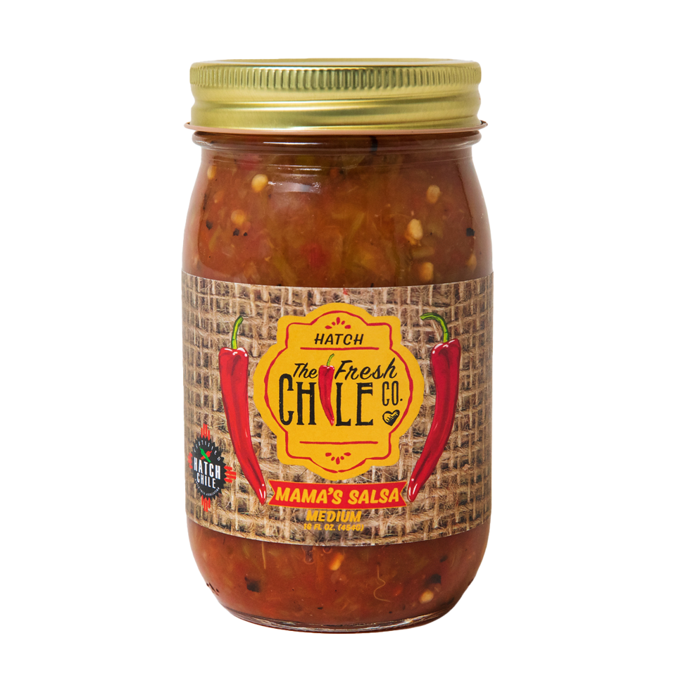 A jar of "Mama's Blended Hatch Chile Salsa" medium, showcasing a label with vibrant colors and illustrations of chiles, against a clear jar filled with chunky salsa.