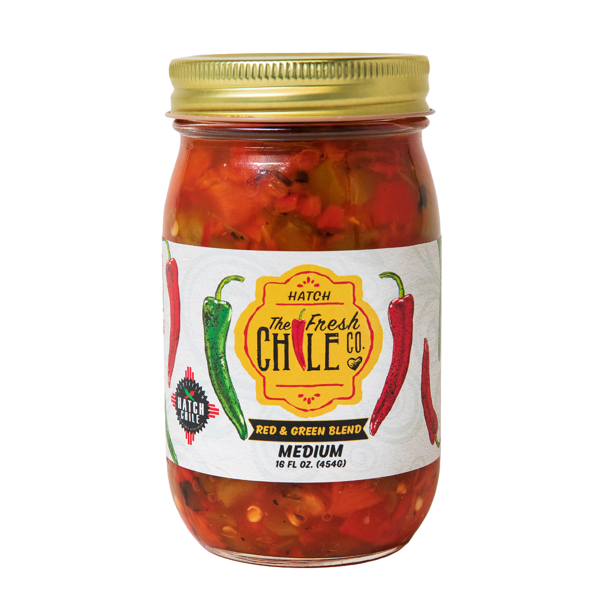 Sentence with the replaced product name: A glass jar of Hatch Red & Green Chile salsa featuring a mix of flame roasted Hatch red and green chiles. The label displays colorful illustrations of peppers with text indicating it's a medium-spiced.