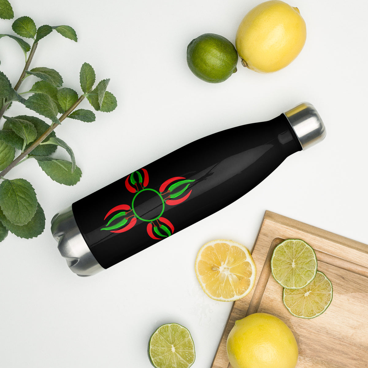 Chile Zia Water Bottle — stainless steel water bottle in black 17oz, front view