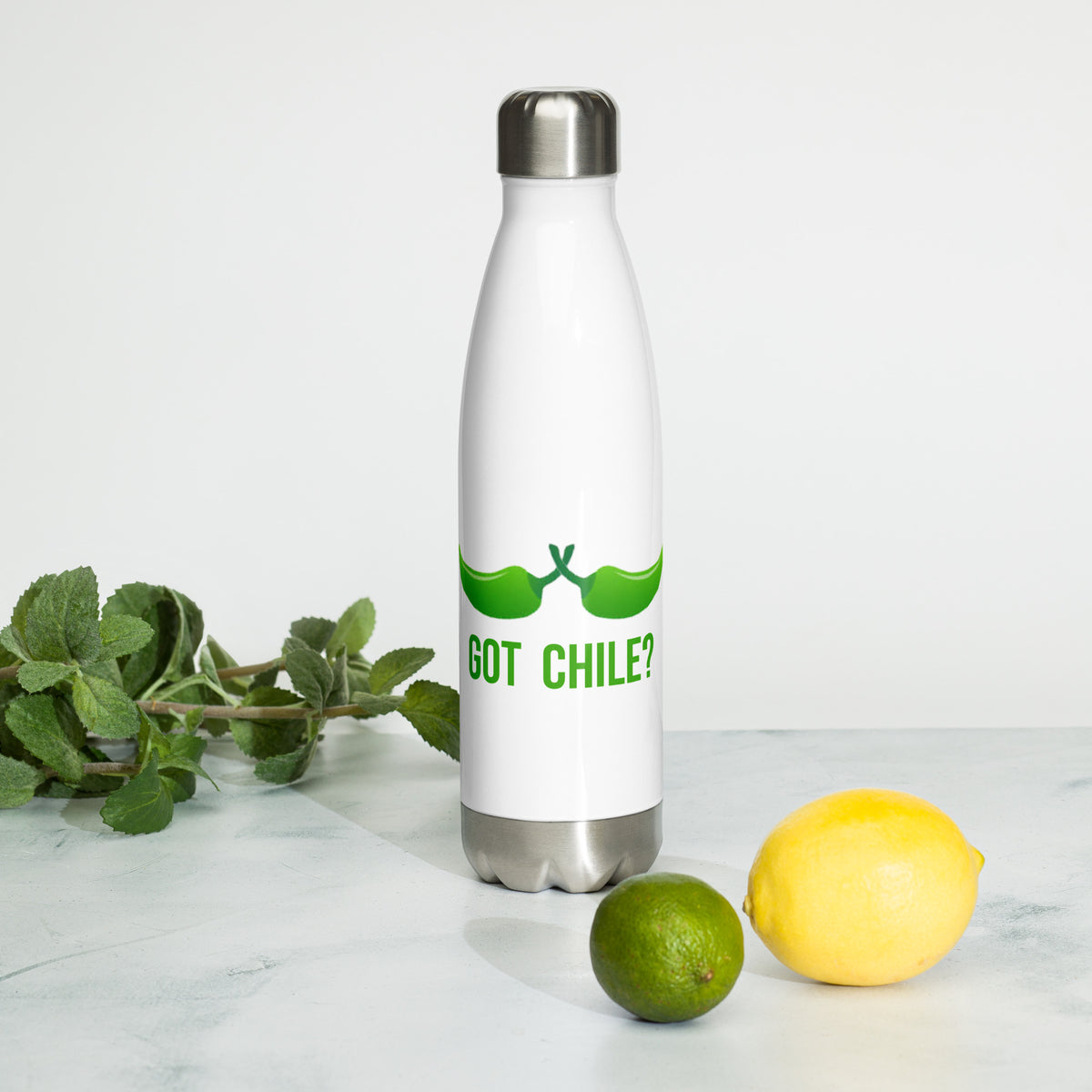 Got Chile Water Bottle — stainless steel water bottle in white 17oz, alternate front view